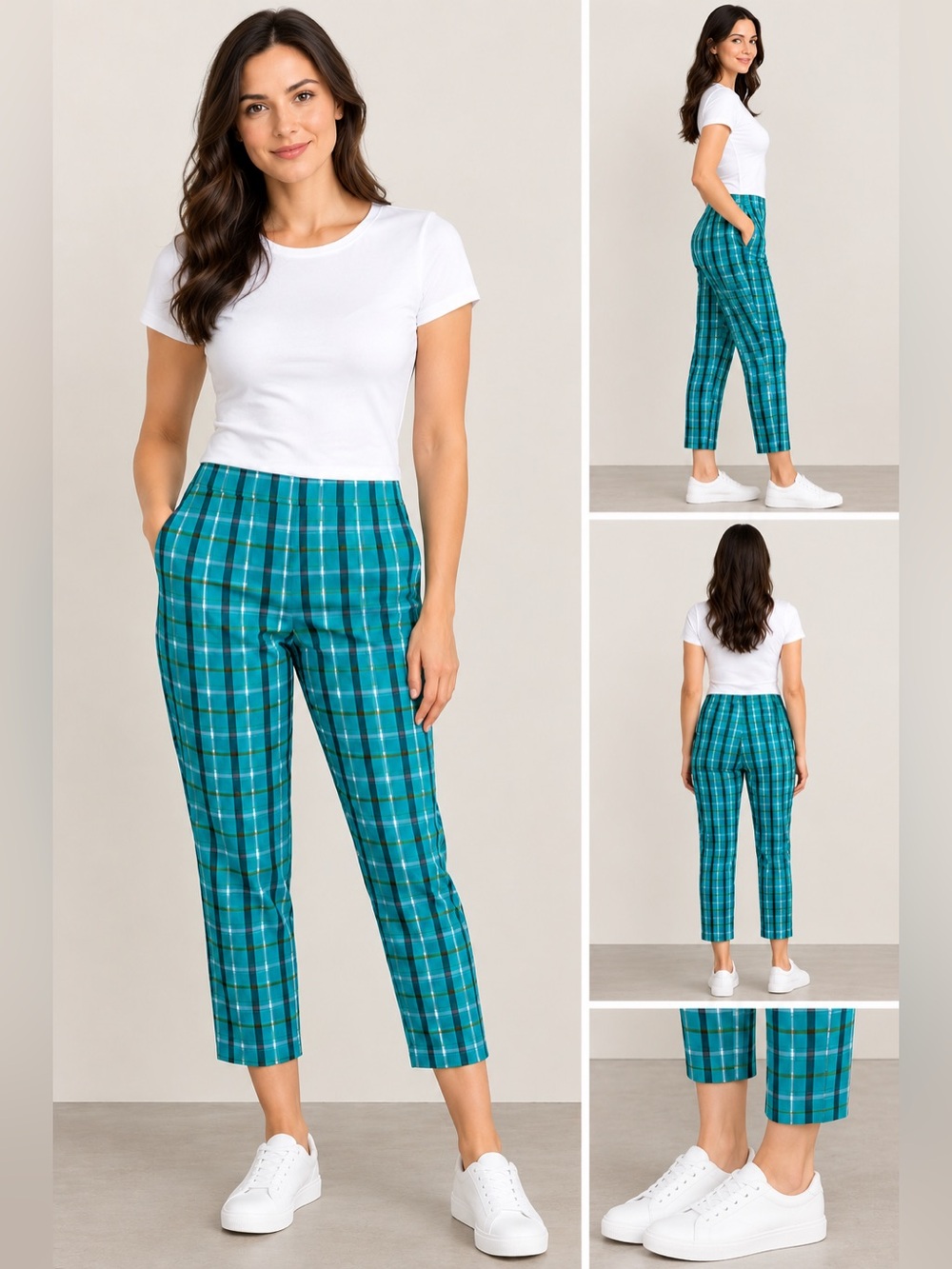 theory plaid cropped pants women’s turquoise and black size 12 made in USA NWT